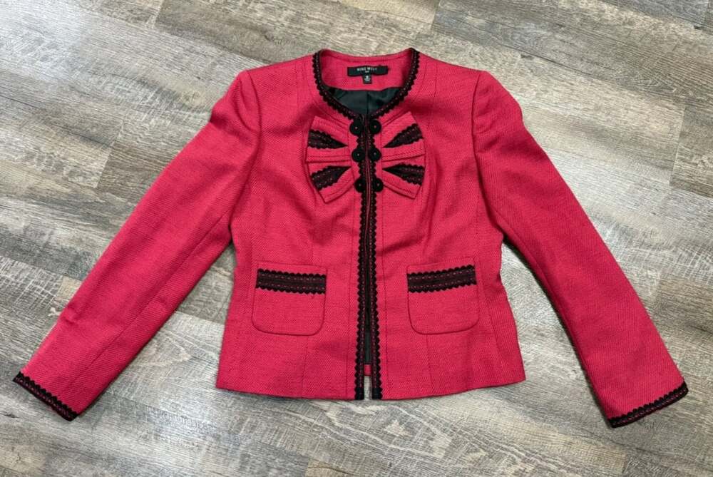Nine West Lace Trim Lined Work Office Blazer Suit Jacket Women Sz 10 Pink &Black